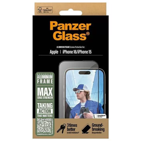 PanzerGlass AluminumFrame edzett üveg fekete szegéllyel iPhone 15/16