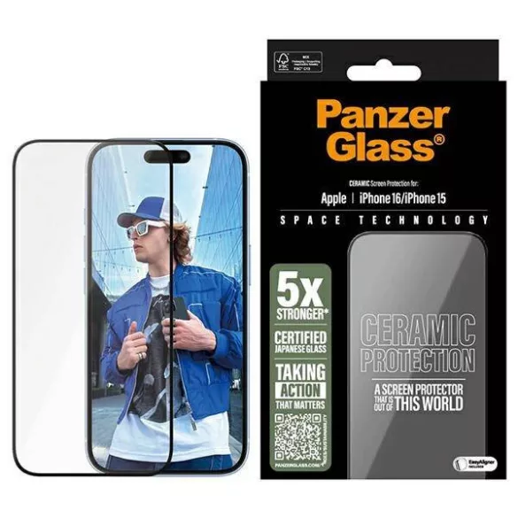 PanzerGlass Ceramic Screen Protector kerámiaüveg fekete szegéllyel felhelyezést segítő kerettel iPhone 15/16