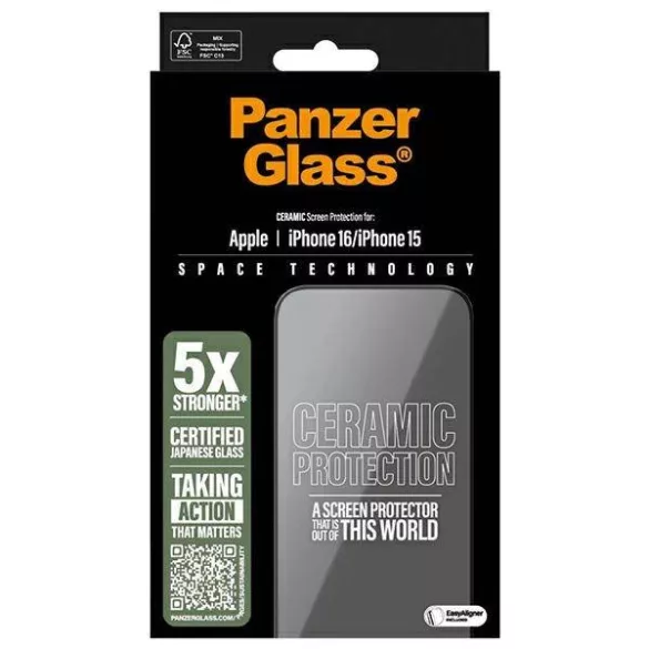 PanzerGlass Ceramic Screen Protector kerámiaüveg fekete szegéllyel felhelyezést segítő kerettel iPhone 15/16