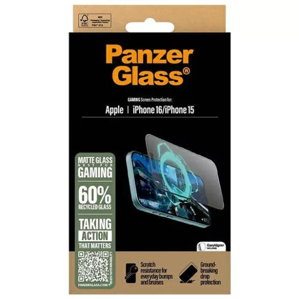 PanzerGlass Gaming matt edzett üveg fekete szegéllyel felhelyezést segítő kerettel iPhone 15/16