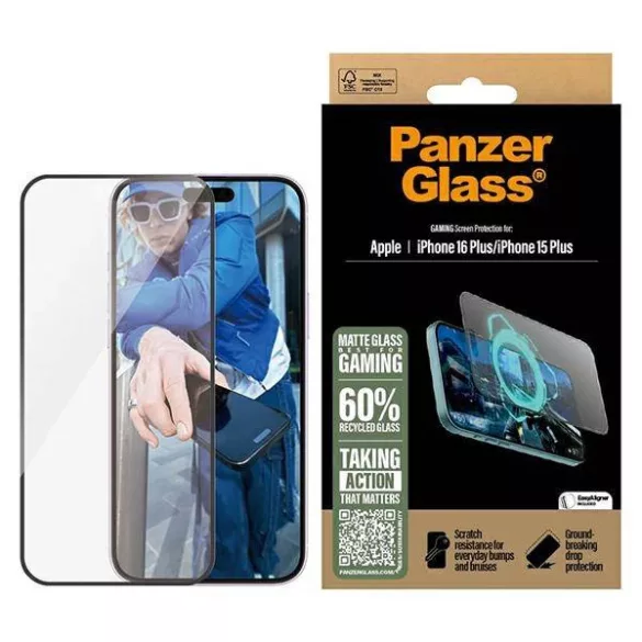 PanzerGlass Gaming matt edzett üveg fekete szegéllyel felhelyezést segítő kerettel iPhone 15 Plus/16 Plus