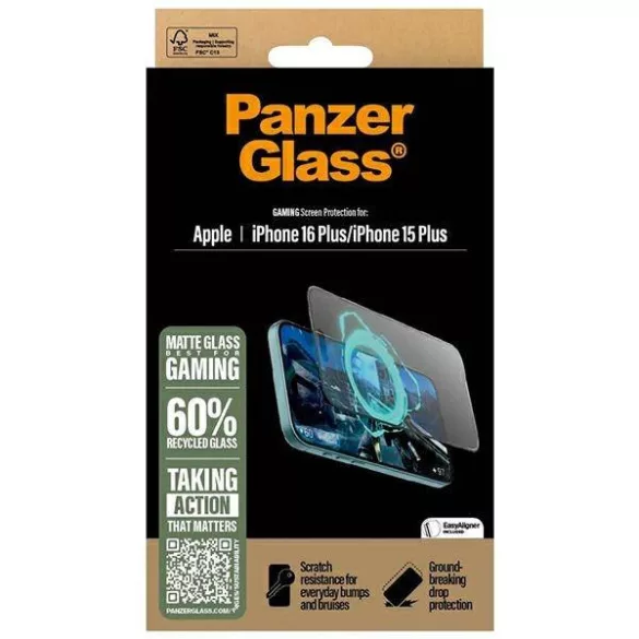 PanzerGlass Gaming matt edzett üveg fekete szegéllyel felhelyezést segítő kerettel iPhone 15 Plus/16 Plus