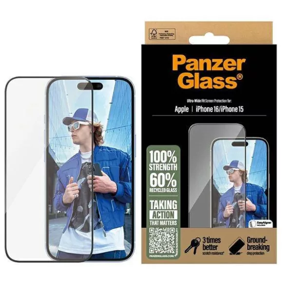 PanzerGlass Ultra-Wide Fit edzett üveg fekete szegéllyel iPhone 15/16