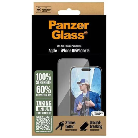 PanzerGlass Ultra-Wide Fit edzett üveg fekete szegéllyel iPhone 15/16