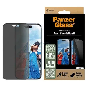 PanzerGlass adatvédelmi képernyővédő iPhone 16 / 15 6,1" – rendkívül széles illesztésű P2861
