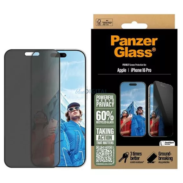 PanzerGlass adatvédelmi képernyővédő iPhone 16 Pro 6,3" – rendkívül széles illesztésű P2862