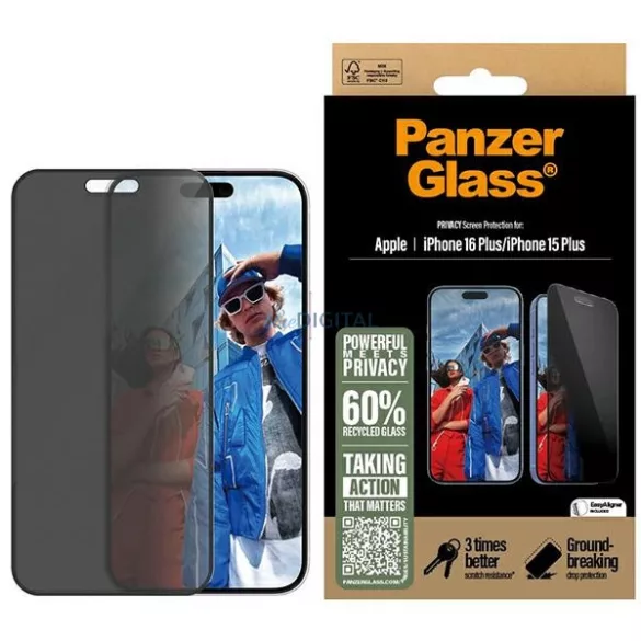 PanzerGlass adatvédelmi képernyővédő iPhone 16 Plus / 15 Plus 6,7" ultra-széles design P2863