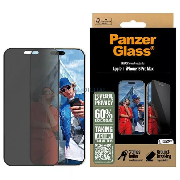 PanzerGlass adatvédelmi képernyővédő iPhone 16 Pro Max 6,9" – rendkívül széles illesztésű P2864