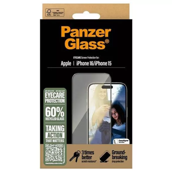 PanzerGlass EyeCare tükröződésmentes kékfény szűrős edzett üveg fekete szegéllyel iPhone 15/16