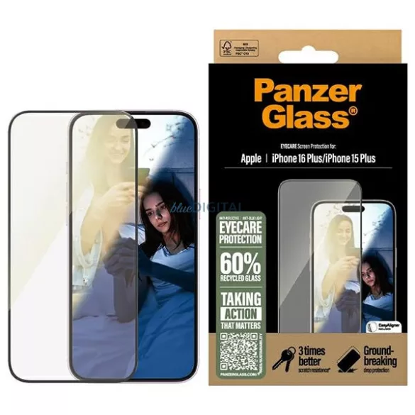 PanzerGlass EyeCare tükröződésmentes kékfény szűrős edzett üveg fekete szegéllyel iPhone 15 Plus/16 Plus