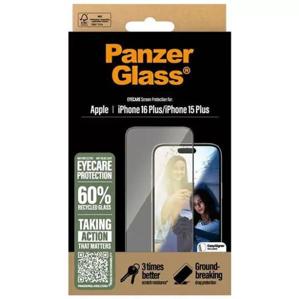 PanzerGlass EyeCare tükröződésmentes kékfény szűrős edzett üveg fekete szegéllyel iPhone 15 Plus/16 Plus