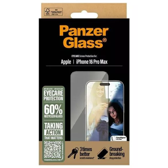 PanzerGlass EyeCare tükröződésmentes kékfény szűrős edzett üveg fekete szegéllyel iPhone 16 Pro Max