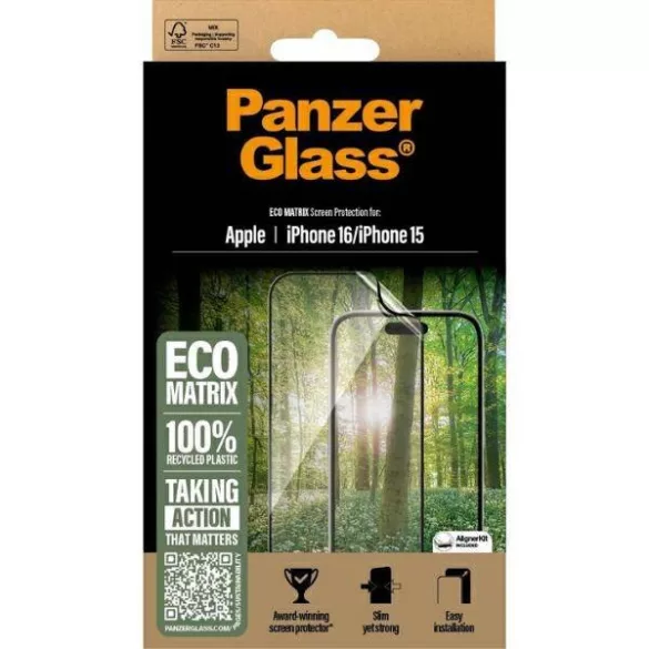 PanzerGlass Matrix újrahasznosított fólia fekete szegéllyel iPhone 16