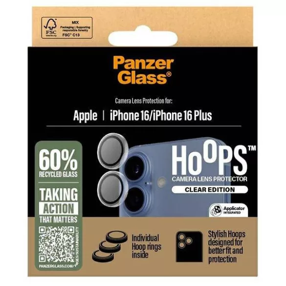 PanzerGlass Hoops kamera lencse védő edzett üveg átlátszó-fekete szegéllyel iPhone 16/16 Plus