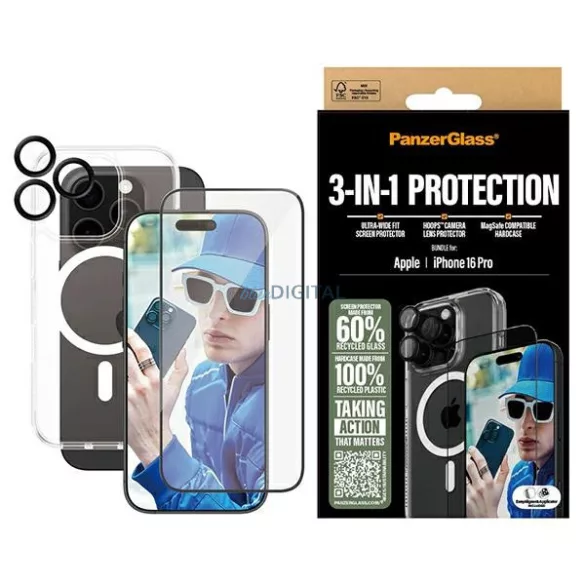 PanzerGlass 3 az 1-ben csomag iPhone 16 Pro 6,3" D3O keménytok + UWF+ képernyővédő + B1292+2862+1284 lencse