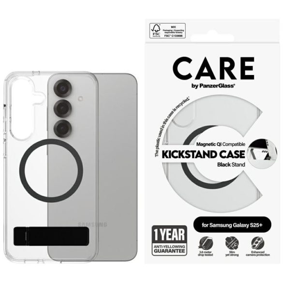 PanzerGlass Feature Black Kickstand & QI MagSafe-kompatibilis tok Samsung Galaxy S25 Plus - átlátszó