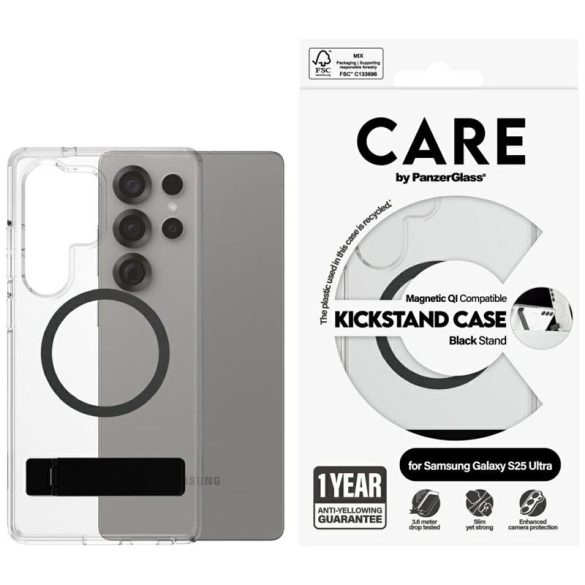 PanzerGlass Feature Black Kickstand & QI MagSafe-kompatibilis tok Samsung Galaxy S25 Ultra - átlátszó
