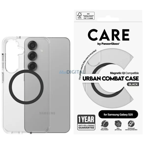 PanzerGlass Flagship Urban Combat Black QI MagSafe-kompatibilis tok Samsung Galaxy S25 - átlátszó