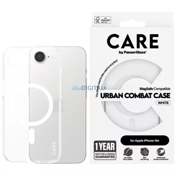 CARE by PanzerGlass Flagship Urban Combat fehér MagSafe tok az iPhone 16e, átlátszó
