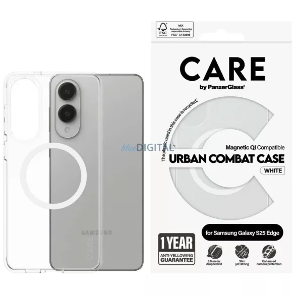 CARE by PanzerGlass Flagship Urban Combat fehér QI tok Samsung Galaxy S25 Edge, átlátszó