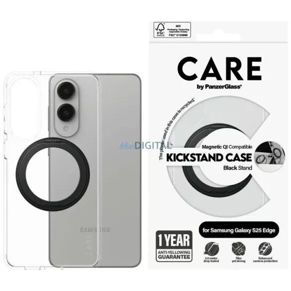 CARE by PanzerGlass Feature fekete tok állvánnyal és QI-támogatással Samsung Galaxy S25 Edge, átlátszó
