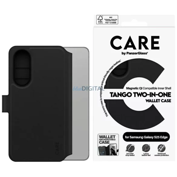 CARE tok PanzerGlass-tól, Tango 2-in-1 Qi-támogatású pénztárcával Samsung Galaxy S25 Edge, fekete