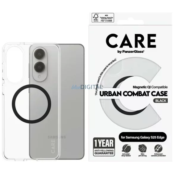 CARE by PanzerGlass Flagship Urban Combat fekete QI tok Samsung Galaxy S25 Edge, átlátszó
