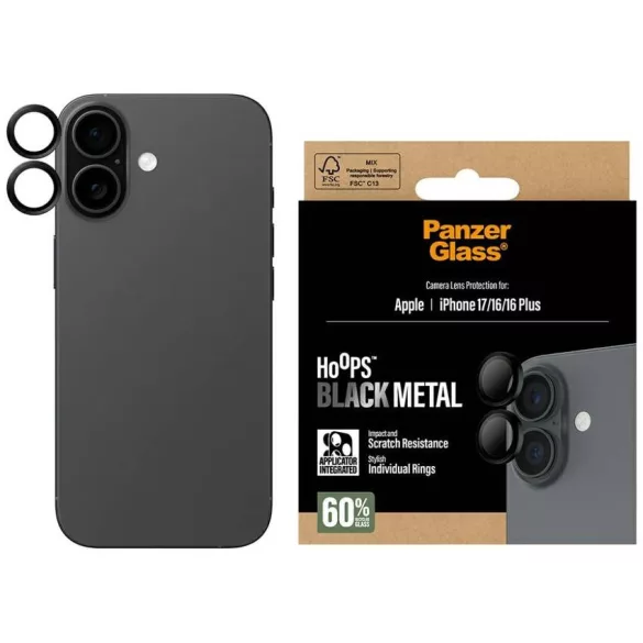 PanzerGlass Hoops edzett üveg lencse képernyővédő iPhone 17 / 16 / 16 Plus fekete