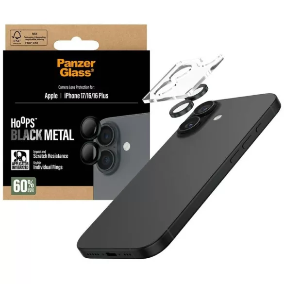 PanzerGlass Hoops edzett üveg lencse képernyővédő iPhone 17 / 16 / 16 Plus fekete