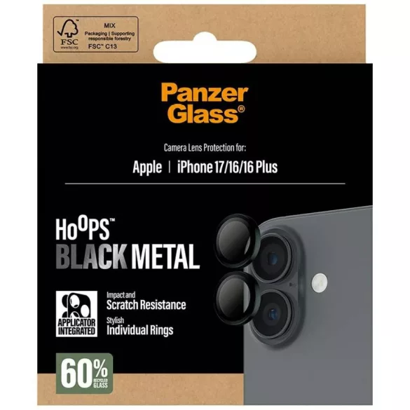 PanzerGlass Hoops edzett üveg lencse képernyővédő iPhone 17 / 16 / 16 Plus fekete