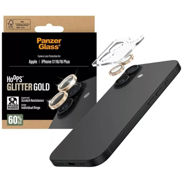 Edzett üveg lencsevédő PanzerGlass Hoops Glitter az iPhone 17 / 16 / 16 Plus-hoz arany színű