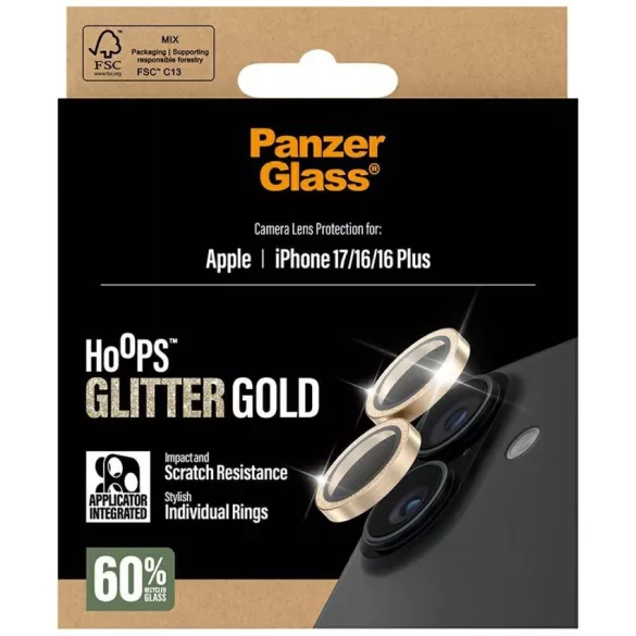 Edzett üveg lencsevédő PanzerGlass Hoops Glitter az iPhone 17 / 16 / 16 Plus-hoz arany színű