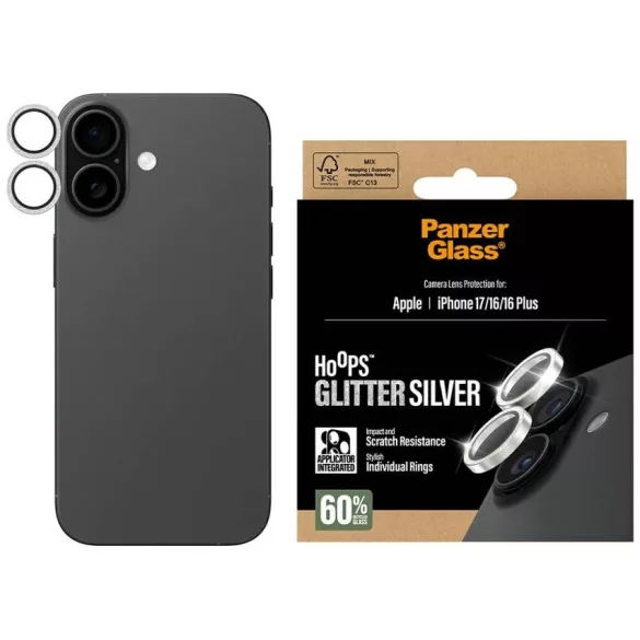 Edzett üveg lencsevédő PanzerGlass Hoops Glitter az iPhone 17 / 16 / 16 Plus ezüsthöz