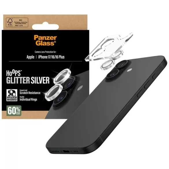 Edzett üveg lencsevédő PanzerGlass Hoops Glitter az iPhone 17 / 16 / 16 Plus ezüsthöz