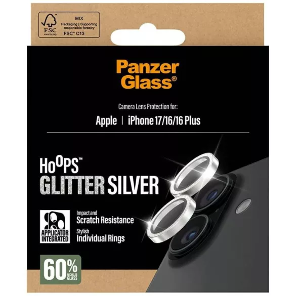 Edzett üveg lencsevédő PanzerGlass Hoops Glitter az iPhone 17 / 16 / 16 Plus ezüsthöz