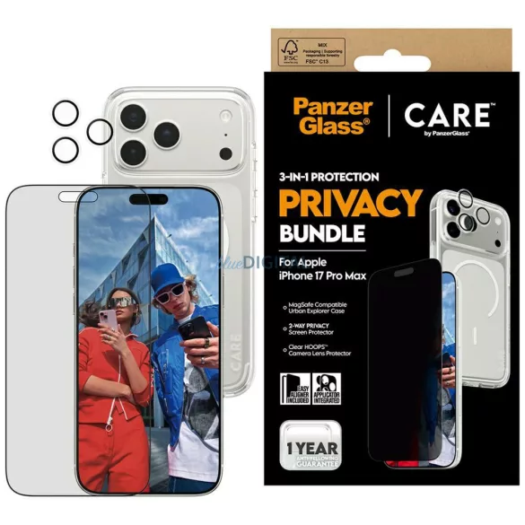 CARE by PanzerGlass Flagship Privacy 3 az 1-ben védőcsomag: tok + magánszférát biztosító üveg + lencse iPhone