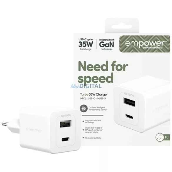 empower by PanzerGlass Turbo 35W USB-C USB-A hálózati töltő - ezüst-fehér
