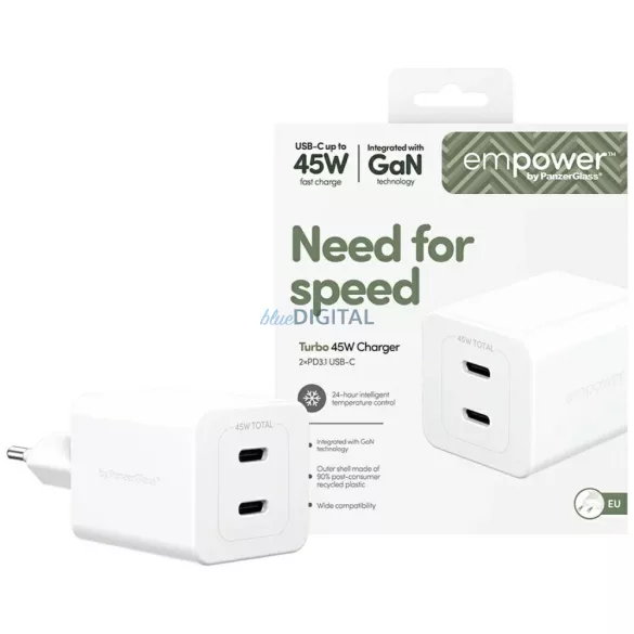 empower by PanzerGlass Turbo 45W 2x USB-C hálózati töltő - ezüst-fehér