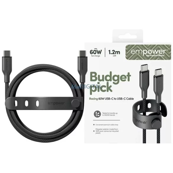 empower by PanzerGlass Racing 60W USB-C - USB-C kábel 1.2m - fekete