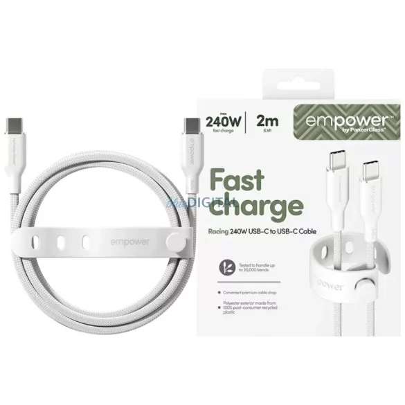 empower by PanzerGlass Racing 240W USB-C - USB-C kábel 2m - ezüst-fehér