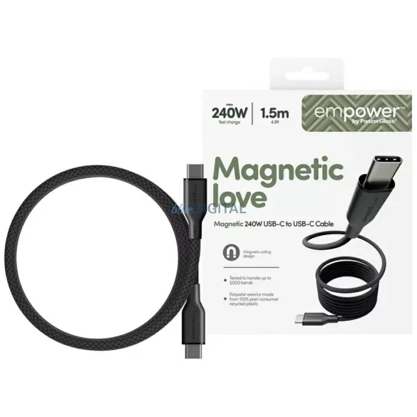 empower by PanzerGlass Magnetic 240W USB-C - USB-C mágneses kábel 1.5m - fekete