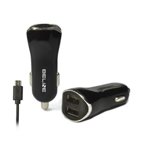 Beline autós töltő 2xUSB csatlakozóval és USB-A - microUSB kábellel 2,1A fekete