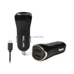   Beline autós töltő 2xUSB csatlakozóval és USB-A - Type-C kábellel 2,1A fekete