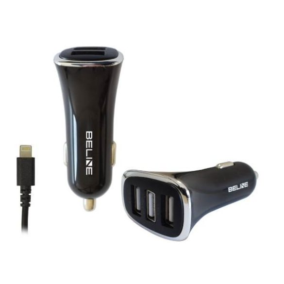 Beline autós töltő 3xUSB-A csatlakozóval és USB-A - Lightning kábellel 4A fekete