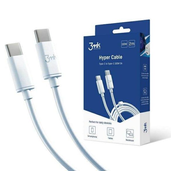 3MK Hyper kábel USB-C/USB-C 2m 100W kábel fehér képernyővédő fólia