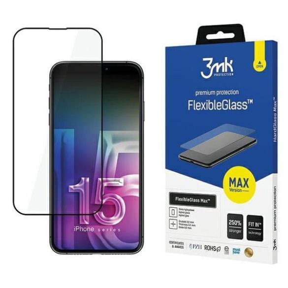 3MK FlexibleGlass Max iPhone 15 6.1" fekete, hibrid üveg megerősített élekkel