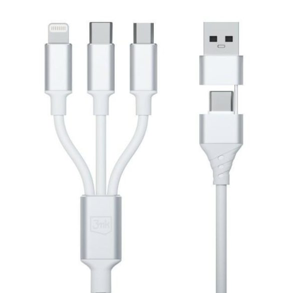 3mk Hyper Cable 3-az-1-ben USB kábel USB-A/Type-C - Type-C/microUSB/Lightning 1.5m 12W fehér
