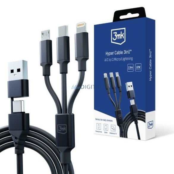 3mk Hyper Cable 3-az-1-ben USB kábel USB-A/Type-C - Type-C/microUSB/Lightning 1.5m 12W fekete
