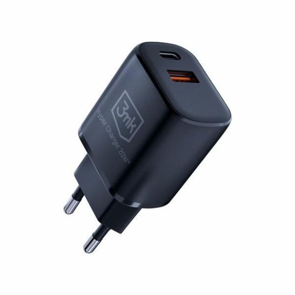 3mk HyperCharger hálózati töltő 1xUSB-A és 1xUSB-C csatlakozóval 20W fekete