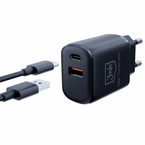 3mk HyperCharger hálózati töltő 1xUSB-A és 1xUSB-C csatlakozóval 20W fekete